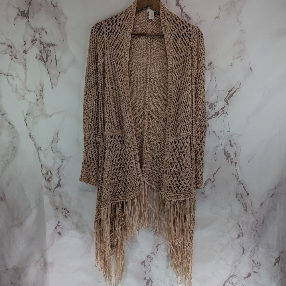 Chicos Cardigan Women Small 0 Pink Sparkle Sweater Metallic Fringe Long Duster